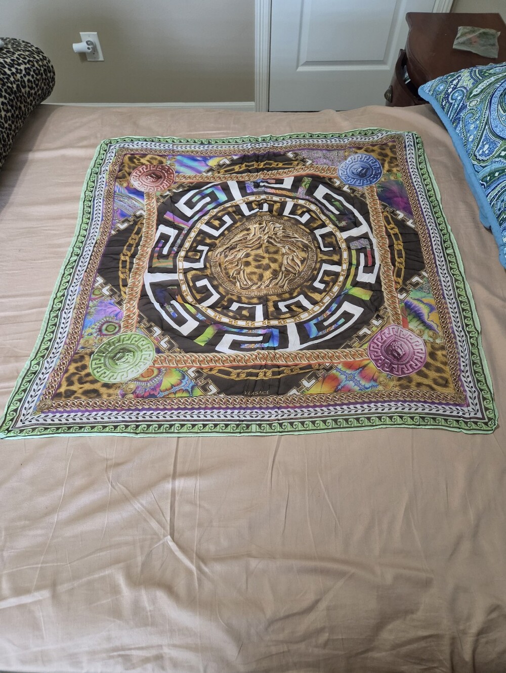 Authentic Versace 100% Silk Medusa Greek Key Multicolor Scarf Shawl Made Italy